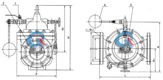 100X遙控浮球閥 外形結(jié)構(gòu)圖 (1、球閥 2、主閥 3、針閥 4、浮球閥)