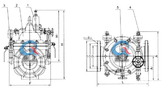 200X減壓穩(wěn)壓閥 外形結(jié)構(gòu)圖 (1、導(dǎo)閥 2、主閥 3、球閥 4、壓力表 5、針表 )